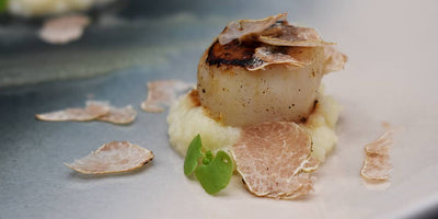 RECIPES - Seared diver scallops, celeriac puree, bergamot gel and white truffle.