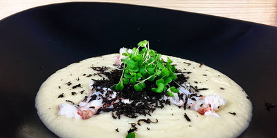 RECIPES - Cannellini beans and leeks veloute, seared langoustine and black truffle.